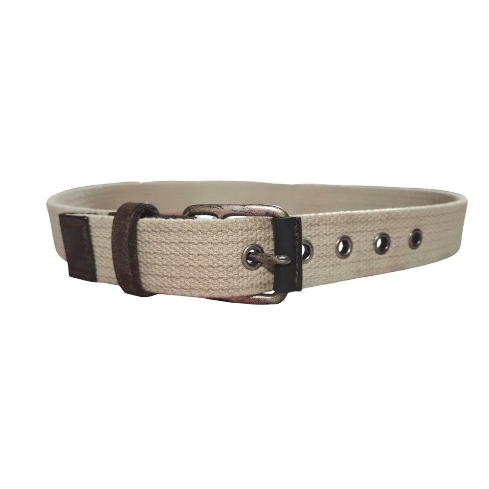 GAP Mens Canvas Web Belt Brown Leather Trim Silver Buckle Size 32